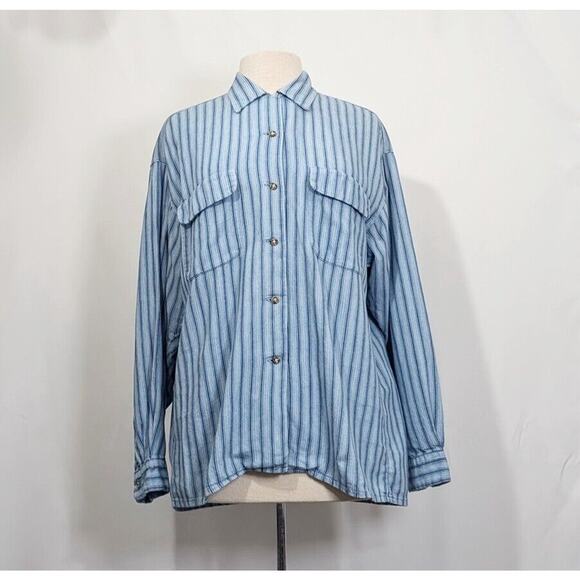 Vintage 90s Blouse Blue Stripe Cotton Oversize Top Shirt Misses Size M - Picture 1 of 7